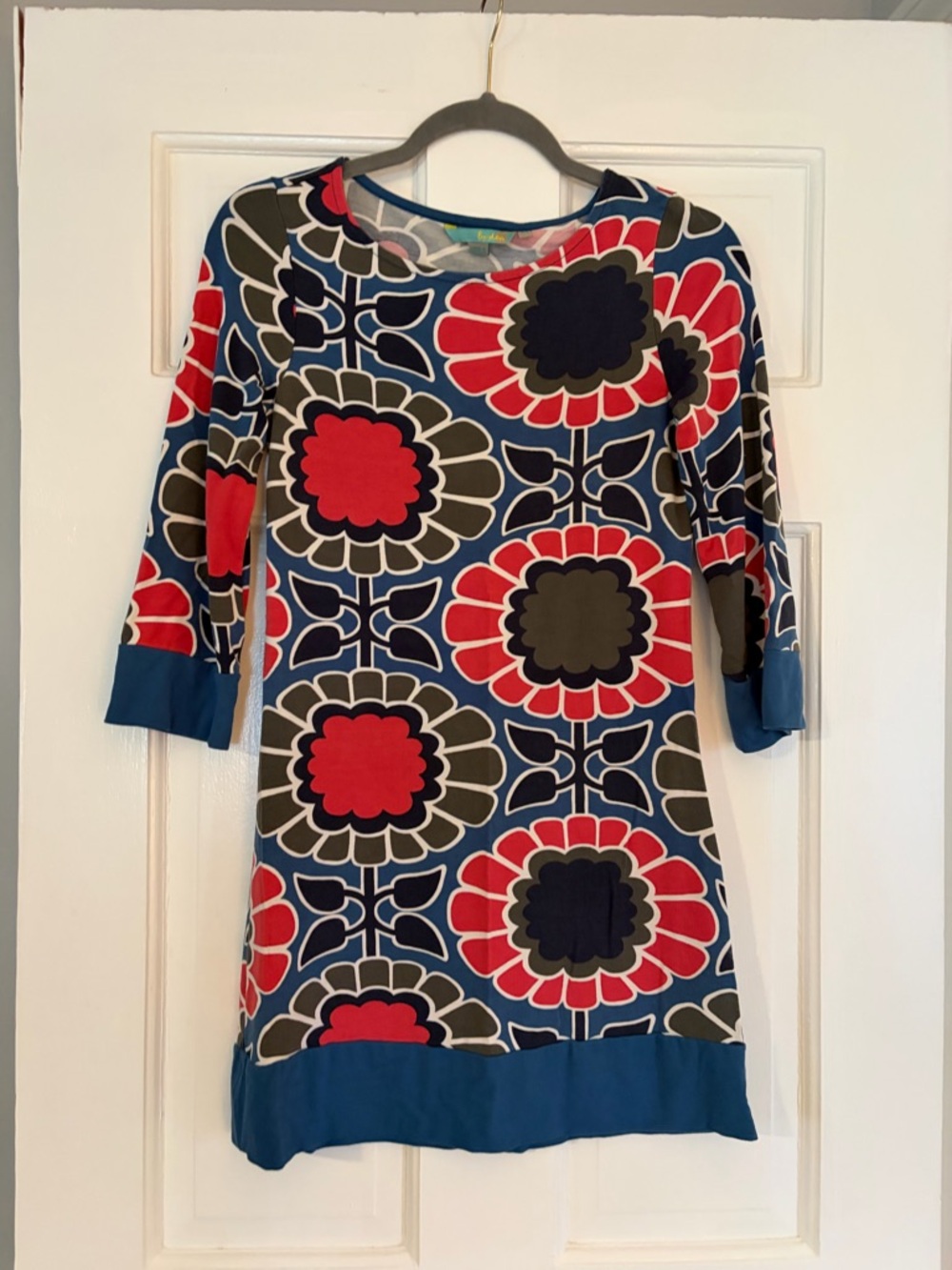 Boden Blue Red Olive Floral Tunic Dress 3/4 Sleeve